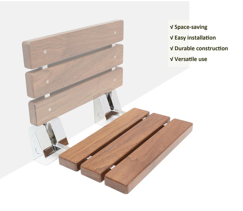 DIYHD 20" Modern Teak Wood Folding Shower Seat Bench Brushed Wall Mounted Shower Bench - Image 5